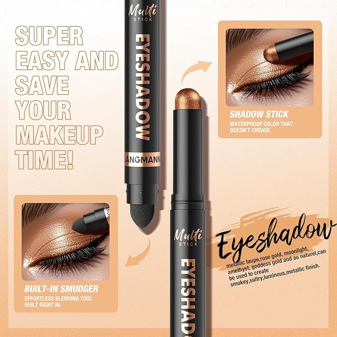LANGMANNI 8Colors Dual-Ended Eyeshadow Stick Set – Silky Smooth, Waterproof & Transfer-Proof, Built-in Blender Brush, All-Day Matte & Shimmer Wear Eye Makeup(#A)