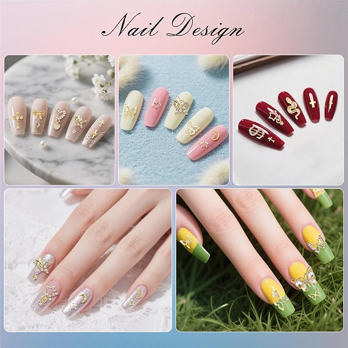 Artdone Nail Art Studs Kit, 3D Gold Cross Nail Charms and Diamond Butterfly Gems Bulk Nail Jewels Shiny Star and Moon for DIY Professional Manicures Decoration