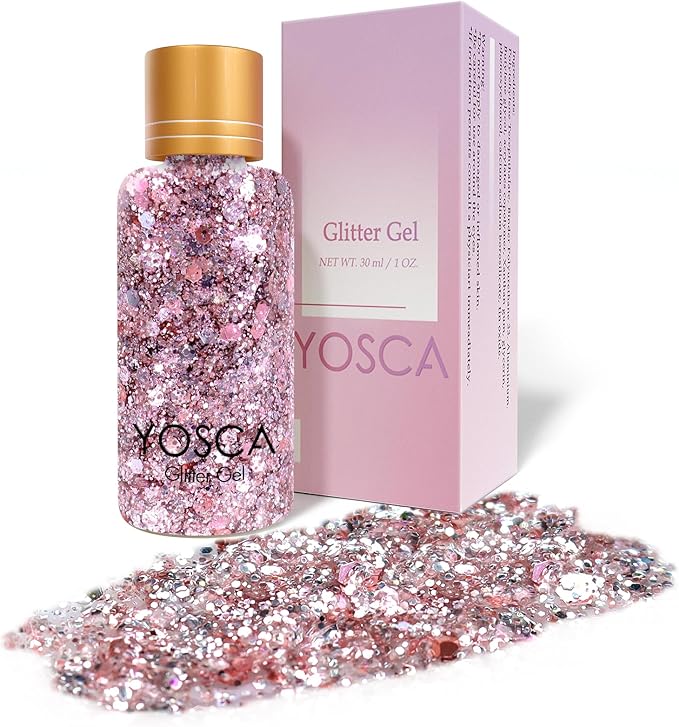 Yosca Body Glitter Gel, 30ML Pink Face Glitter for Face Body Hair Love Heart Makeup, Chunky Glitter Sequins for Festival Music Concert Dating Party Love Heart Makeup Rave Accessories