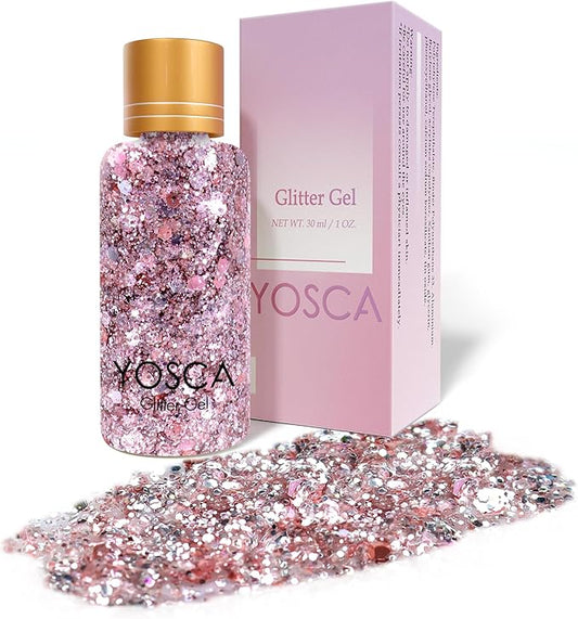 Yosca Body Glitter Gel, 30ML Pink Face Glitter for Face Body Hair Love Heart Makeup, Chunky Glitter Sequins for Festival Music Concert Dating Party Love Heart Makeup Rave Accessories
