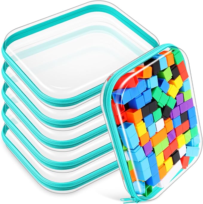 Sanwuta 6 Pcs Clear Hard Zipper Case Pencil Pouches Hard Plastic Zipper Pouches Makeup Bag Transparent Cases for Snacks Plastic Storage Organizer Box for Travel(Teal,9.84 x 7.87 x 2 Inch)