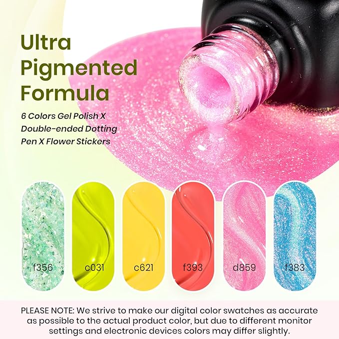 Beetles Gel Nail Polish Set, Yellow Coral Green Glitter Pastel Gel Polish with Bees Stickers 6 Color Summer Buzzy Field Theme for Nail Art Gift for Women