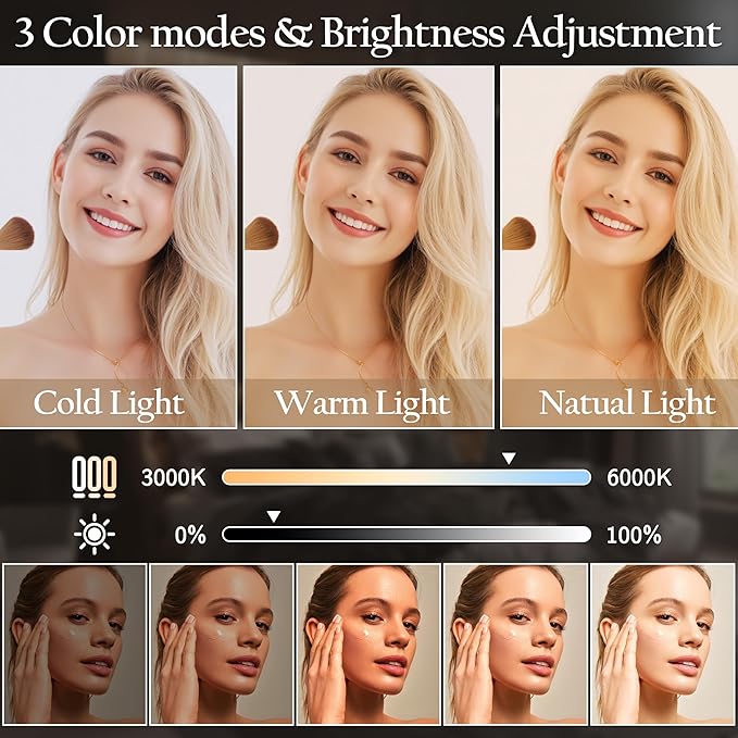 Vanity Mirror with Lights 15"x12", Lighted Makeup Mirror with 10X Magnification, 3 Color Lighting & Dimmable Brightness, Light Up Mirror for Desk, Bedroom, Bathroom