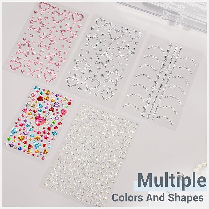 Teenitor Self Adhesive Face Gems, Face Gems Rhinestones Pearl Stickers, Hair Accessories for Girls, Rave Accessories for Women, Face Jewels for Face, Eye, Hair, Body