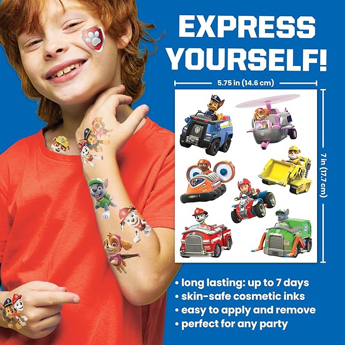 Savvi - 200 Paw Patrol Temporary Tattoos for Kids Skin-Safe Ink, Great for Birthday Parties and Game Nights, Boys and Girls Ages 4-12+, Made in the USA
