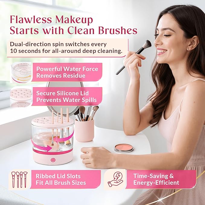 360° Electric Makeup Brush Cleaner – Makeup Brush Cleaner Machine Holds 17 Brushes, Dual Spin, Portable Compact Design for Travel & Home Use, Perfect for Makeup Lovers & Professionals