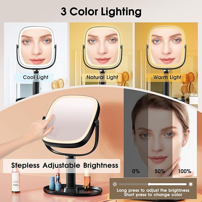 Makeup Mirror with Lights - 10x/1x Magnifying Mirror with Light, Rechargeable Desk Mirror with 3-Color Lighting & Memory Function, 360° Adjustable Table Mirror, Gift for Women (Black)