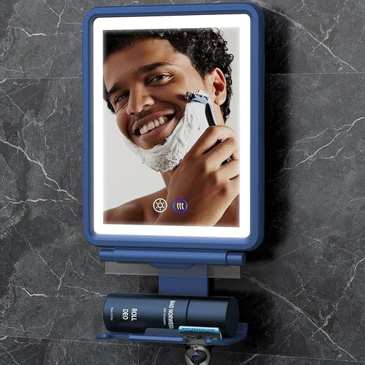 Heated Shower Mirror Fogless for Shaving, 3 Colors Stepless Dimmable Lights Fogless Mirror for Shower, Rechargeable Anti Fog Shaving Mirror with Razor Holder for Men, Light Memory Function, Blue