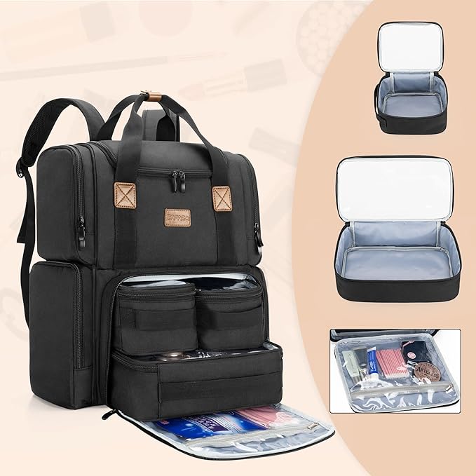 BAFASO Cosmetic Bag with 3 Inner Removable Pouches, Travel Makeup Bag with Multiple Pockets, Black