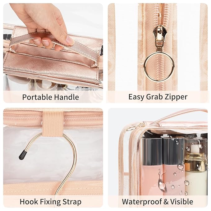 CUBETASTIC Clear Toiletry Bag for Women, Small Travel Bag with 360° Hanging Hook Clear Makeup Bags for Travelling Portable Cosmetic Organizer Case Skincare Pouch