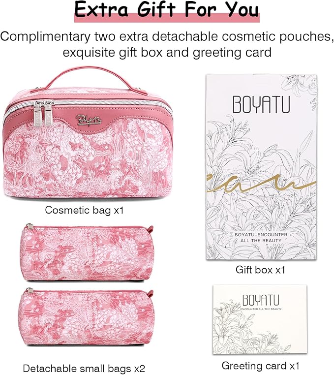 BOYATU Travel Makeup Bag for Women: Large Capacity Make up Bag with Compartments - Vegan Leather Cosmetic Bag set of 3 - Waterproof Toiletry Bag with Handle & Divider(D-04Pink)