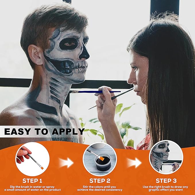 White Black Grey Face Body Paint for Halloween Makeup, Face Paint Kit with Brushes, Non-Irritating, for Adults & Kids, Full-Coverage SFX Makeup Kit for Clown, Zombie, Skeleton, Mime, Cosplay