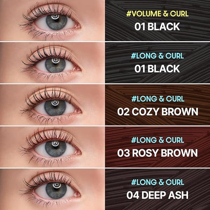 COSNORI Perfect Setting Waterproof Mascara Long&Curl 03 Rosy Brown – Long Lasting Smudge - Red Brown Mascara - Perfect for Auburn Hair & Hazel Eyes - K beauty - 0.23fl oz (7ml)