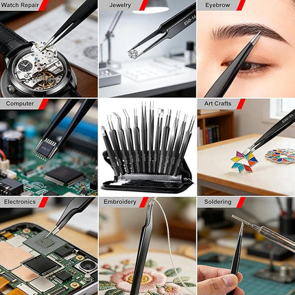 Antonki 12 Pack Precision Tweezers Set for Craft, Soldering, Jewelry, Facial Hair, Eyebrow, Ingrown Hair Removal, Eyelash Extension- with Case