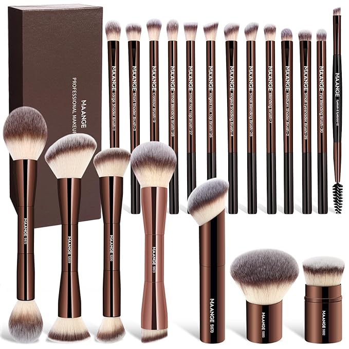 MAANGE 20 Pcs Makeup Brushes with Gift Box, Double-End Multi-functional Makeup Brushes for Blending Liquid Powder Concealer Cream Blush Buffe,CoffeeBrown