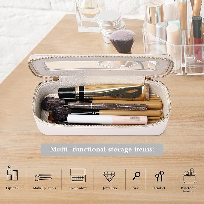 Pinkmik Makeup Brush Case Clear Travel Cosmetic & Toiletry Bag Small Makeup Bag with Zipper Purse Organizer Car Essential Bag for Women (Beige, SLIM)