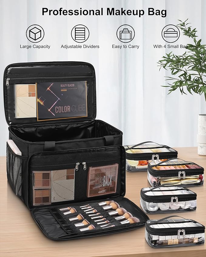 Extra Large Makeup Bag Travel Makeup Case Professional Makeup Artist Bag with 4 Clear Pouches Hairstylist Cosmetic Bag with Detachable Dividers and Shoulder Straps