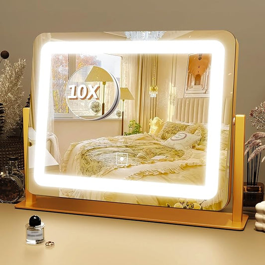 FENNIO Vanity Mirror with Lights, 12" x 16" Lighted Makeup Mirror with Smart Touch Control, 3 Color Modes & Brightness Adjustable, LED Makeup Mirror with 10X Magnification, 360° Rotation （Gold