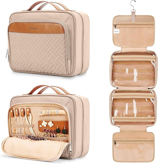 Travel Hanging Toiletry Bag for Women, Cruise Ship Essentials, with Jewelry Organizer, Extra Large Makeup Dopp Kit, Waterproof Cosmetic Bags, Toiletries Kit Set with Trolley Belt, Khaki