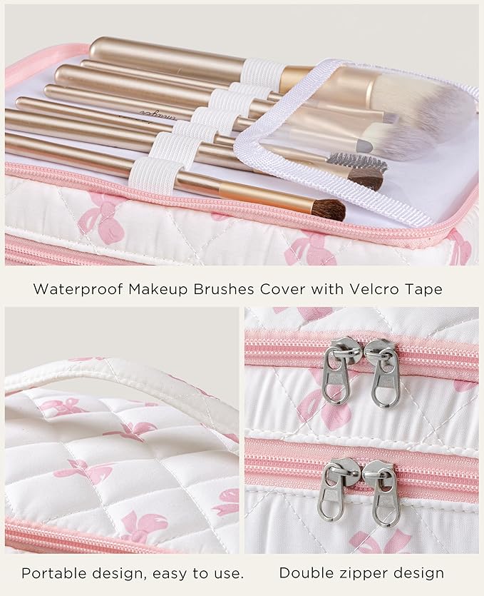 HBselect 2Pcs Travel Makeup Bag, Large Cotton Quilted Makeup Bag Cosmetic Bag Cute Make up Bag Toiletry Bags for Women Girls