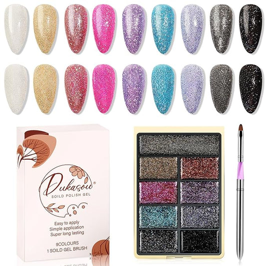 Solid Gel Nail Polish Set, Starlight 9 Colors Gel Polish Manicure Palette Set Glitter Tiny Solid Cream Nail Gel Polish for Salon DIY with Pro Nail Brush
