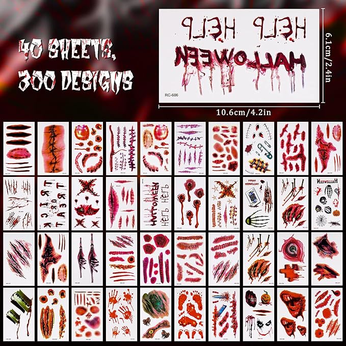 NiHome 40 Sheets Halloween Removable Realistic Fake Temporary Tattoo Set, Zombie Costume Cosplay Variety Party Makeup Face Decals Prank Supplies