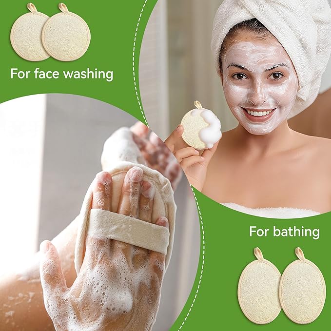 Natural Loofah Sponge Exfoliating Body Scrubber (2Pcs), Loofah Exfoliating Facial Scrubber(2Pcs), Made of Natural Luffa and Terry Cloth, Suitable for Bath Shower Loofah Sponge on Body and Face