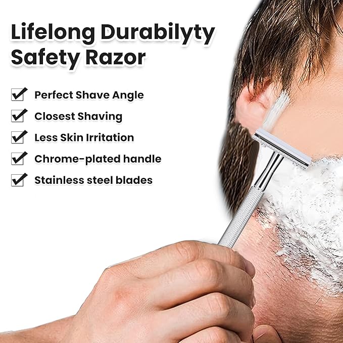 Double Edge Safety Razor With 10 Premium Stainless Steel Reusable Single Blade Razors For Men and Women, Smooth Wet Shave Experience, Glossy Silver