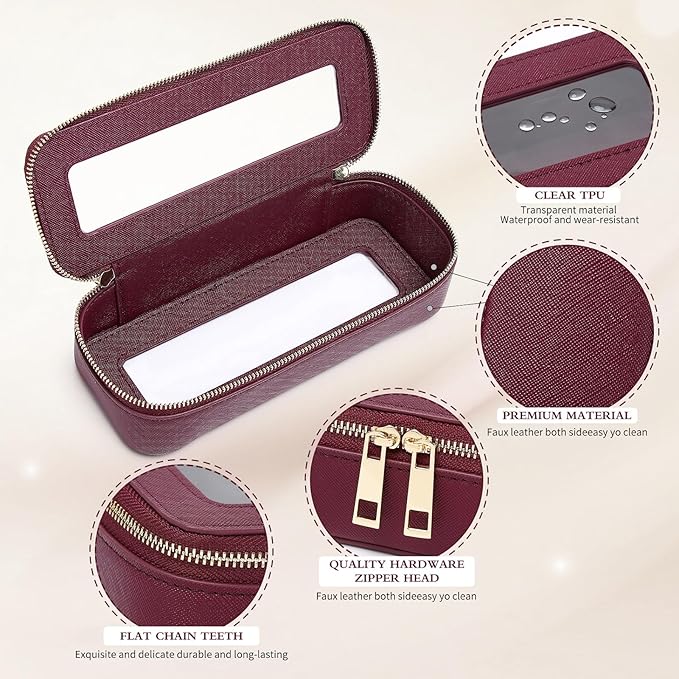 Pinkmik Makeup Brush Case Clear Travel Cosmetic & Toiletry Bag Small Makeup Bag with Zipper Purse Organizer Car Essential Bag for Women (X/Burgundy, SLIM)