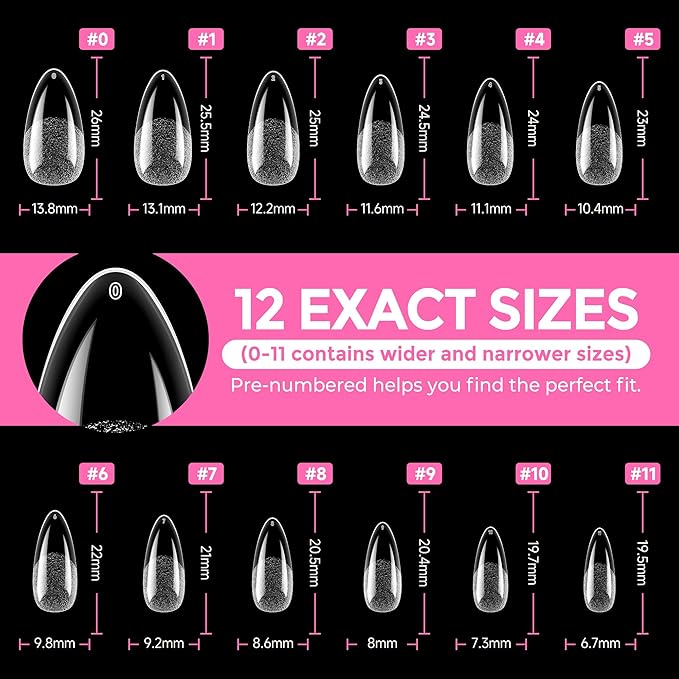 UNA GELLA Almond Nail Tips 216pcs Medium Almond Press on Nails Pre-shape Gel Fake Nails for Full Cover Acrylic French False Nails For Nail Extension, DIY Salon 12 Sizes Gelly Tips