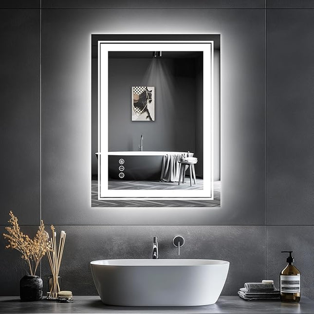 LED Bathroom Mirror, 20"x28" Mirror with Front and Backlit, Anti-Fog, Bathroom Vanity Mirror for Wall, Memory, Stepless Dimmable, Tempered Glass (Horizontal/Vertical)
