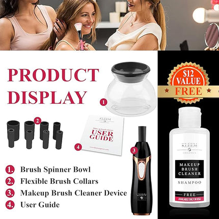Kleem Electric Makeup Brush Cleaner Machine | Automatic Makeup Brush Washer & Spinning Dryer with Free Cleaner Shampoo | Dual-Fiber Bristles for Eyeshadow & Foundation | Made in USA | Black