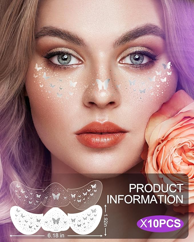 Face Glitter Freckles, Silver Tattoo Makeup Patches, Butterfly Speckles Sparkle Beauty Face Waterproof Fake Freckle for Holiday Dance Music Party Makeup - 10 Count