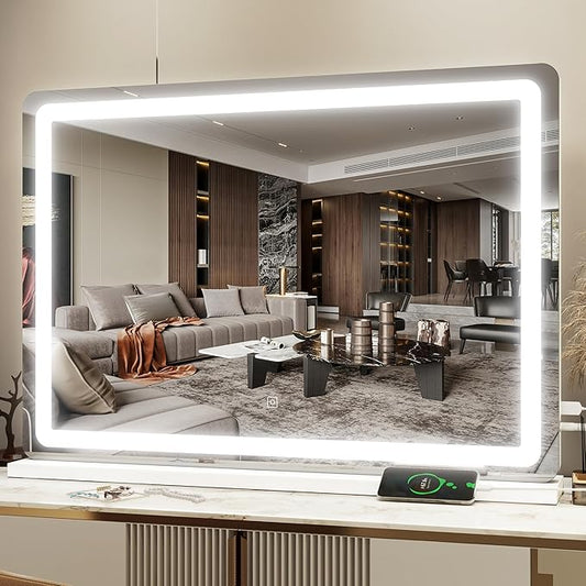 HNV 31"x21" Lighted Vanity Mirror with Lights – Large Makeup Mirror, 3-Color Dimmable LED, Touch Screen, USB Charging Port, Tabletop or Wall Mount (White)