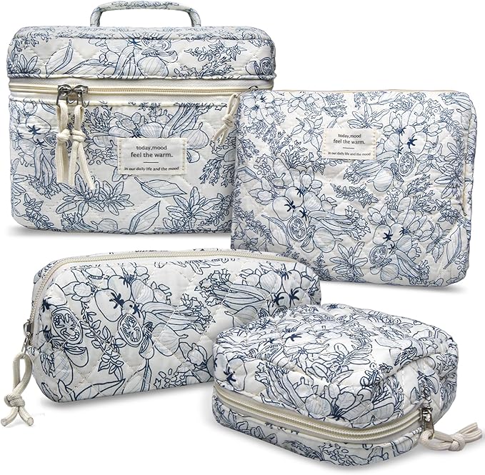 VIWIME Makeup Cosmetic Bag, Large Cotton Quilted Travel Coquette Aesthetic Cute Floral Make up Bag for Women Toiletry Bag Organizer (209 - Lao Lan/4Pcs)