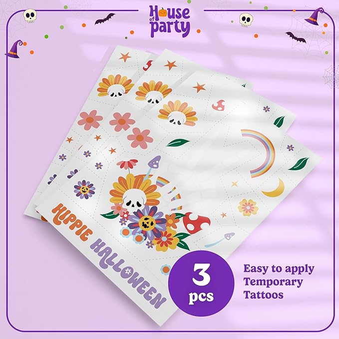 HOUSE OF PARTY Halloween Temporary Tattoos - Pack of 66 - Hippie Temporary Tattoos for Kids - Non-Toxic Waterproof Stickers for Adults and Women - Ideal for Halloween Party Favors and Decorations!