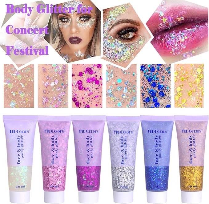 Body Glitter Face Glitter Gel: Singer Concerts Disco Festival Rave Accessories Face Glitter Makeup 150ml Chunky Sequins Mermaid Face Body Hair Glitter Gel (2 White)