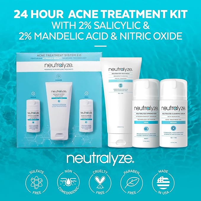 Moderate to Severe Acne Treatment Kit - Maximum Strength 3 Step System with 2% Salicylic Acid, 2% Mandelic Acid & Nitrogen Boost Skincare Technology - Acne Medication for Teens & Adults (90+ Day)