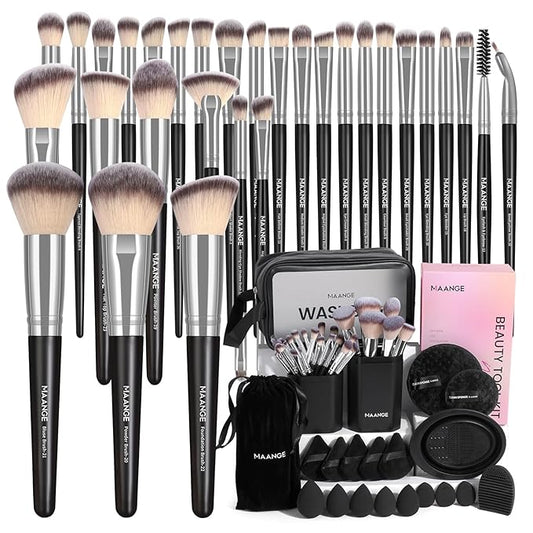 MAANGE Makeup Brush Set 51 PCS Professional Makeup Brushes for Foundation Powder Concealers Eye shadows Blending Blush Travel Make up Brush Kit (Black Silver)