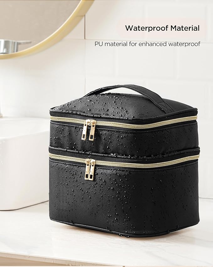 Makeup Bag for Women, X-Large Travel Makeup Bag Organizer, Portable Toiletry Bag, Cute Makeup Bags, Waterproof Leather Cosmetic Bag, Makeup Case with Removable Dividers, Black