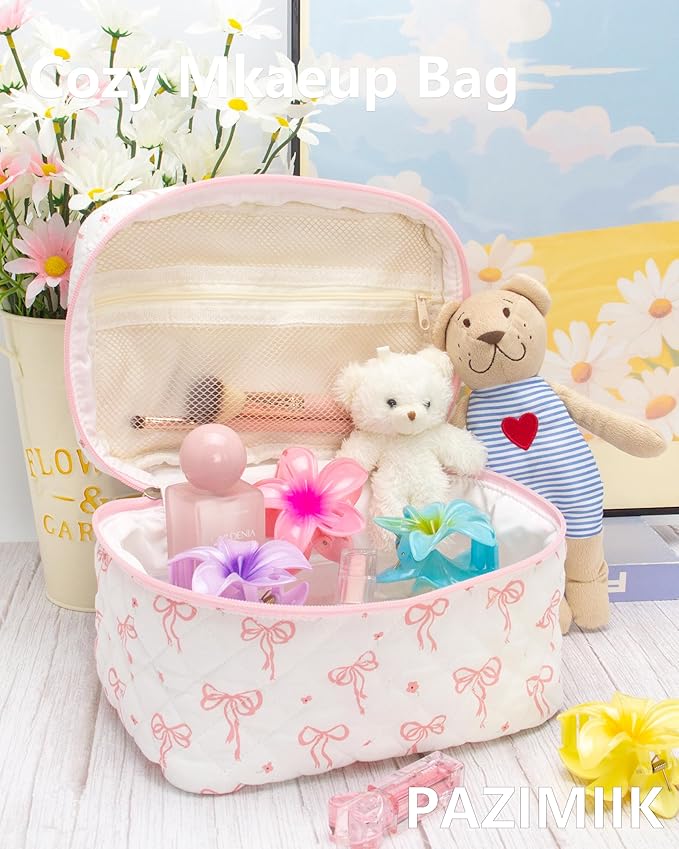 Quilted Makeup Bag Large Travel Zipper Soft Cosmetic Case for Women Girls Make Up,Bow Pink