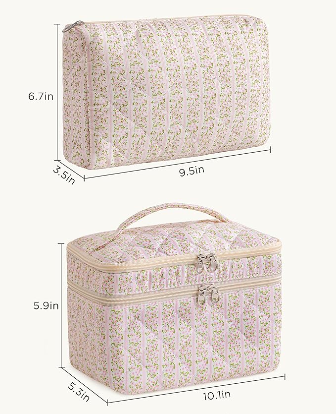 HBselect 2Pcs Travel Makeup Bag, Large Cotton Quilted Makeup Bag Cosmetic Bag Cute Make up Bag Toiletry Bags for Women Girls