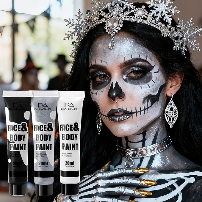 Black White Silver Face Paint - Water-Based Non-Toxic Face Body Paint Kit for Vampire White Tiger, Full Coverage Washable Formula for Halloween Cosplay, Costume Parties，Stage Performances
