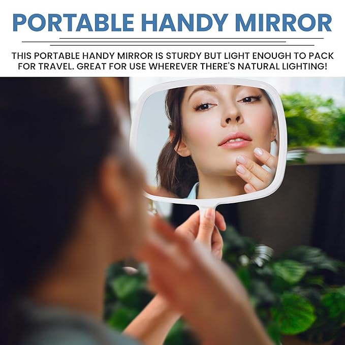 MIRRORVANA Hand Mirror with Ergonomic Handle - Hand Held Mirror for Make-up, Home Haircuts, Dental and Barber Use, 8” x 11” (White)
