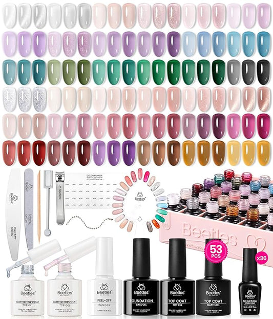 Beetles Jelly Gel Nail Polish Set, 53PCS 36 Colors Jelly Pink Milky White Red Black Blue Green Silver Cat Eye Base Glitter Glossy Matte Top Coat Crystal Ice Collection French Nails Gift for Women