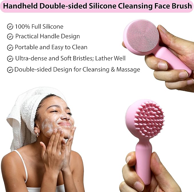 Silicone Facial Cleansing Brush 2 in 1 Silicone Facial Scrubber Manual Exfoliating Facial Brush Face Cleanser Face Exfoliator Ultrafine Bristles for Sensitive Skin Easy to Clean Lather Well (Pink)