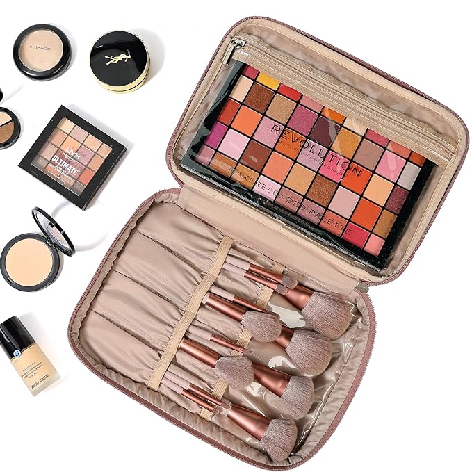 NISHEL Large Double Layer Travel Makeup Bag Women, Large Cosmetic Case, Organizer for Travel-Size Accessories Bottles, Brushes, Conditioner, and Skin Care Products, Rose-wood Pink