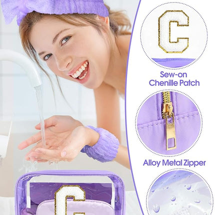 Gift Sets for Women, Initial Makeup Bag with Makeup Brush Set Bachelorette Party Favors, Purple Spa Kit with Skincare Headbands Wrist Bands Sleepover Party Supplies Gifts for Teen Girls Bridesmaid C