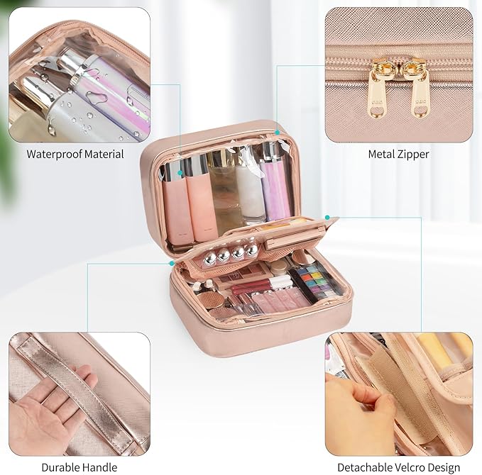 OCHEAL Makeup Bag, Makeup Travel Bag Large Capacity Cosmetic Organizer with Makeup Brush Compartment & Handle for Women Girls Travel Toiletry Accessories-Rose Gold
