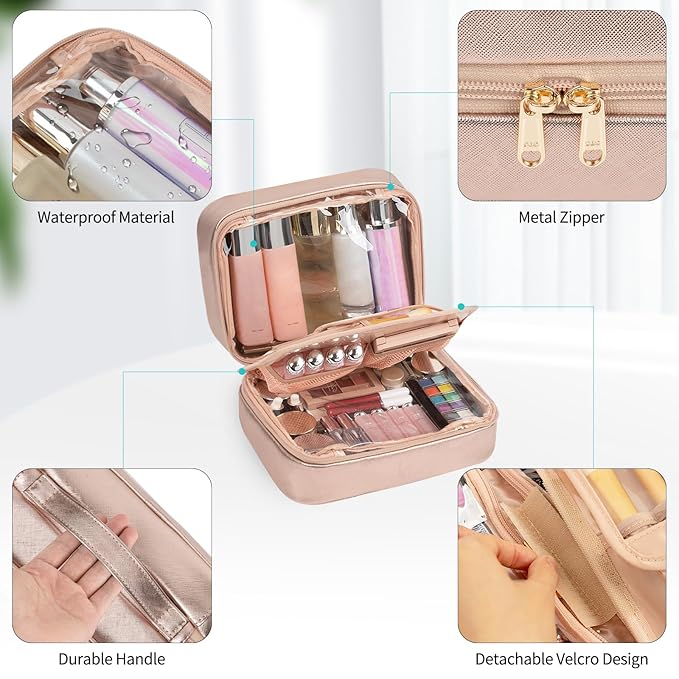 OCHEAL Makeup Bag, Makeup Travel Bag Large Capacity Waterproof Cosmetic Organizer with Makeup Brush Compartment & Handle for Women Girls Travel Toiletry Accessories-Rose Gold